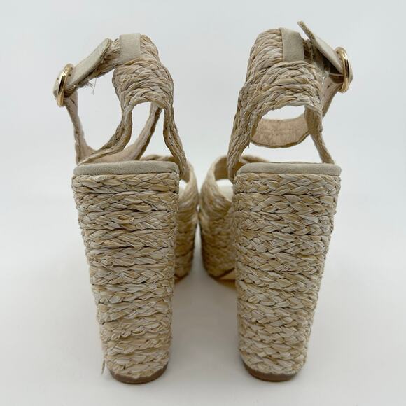 Just Fab Mia Sandals Women Sz 6 Beige Notched Wedge Straps Crisscross Espadrille - Picture 5 of 9